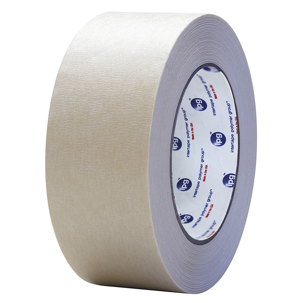 A roll of beige adhesive tape with printed branding visible on the inner core. Intertape® Natural Masking Tape (1 in. x 60 yd., 36/Case)